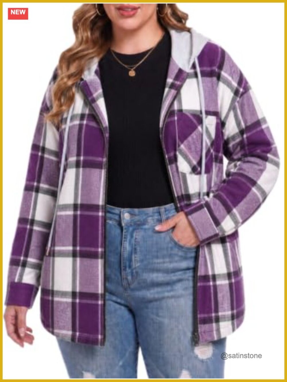 Women's Plus Size Hooded Flannel Shacket Zip Up Plaid Jacket
